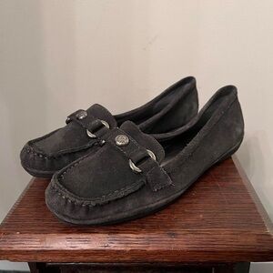 Anne Klein Dark Gray Akewen Suede Slip On Flat Loafers